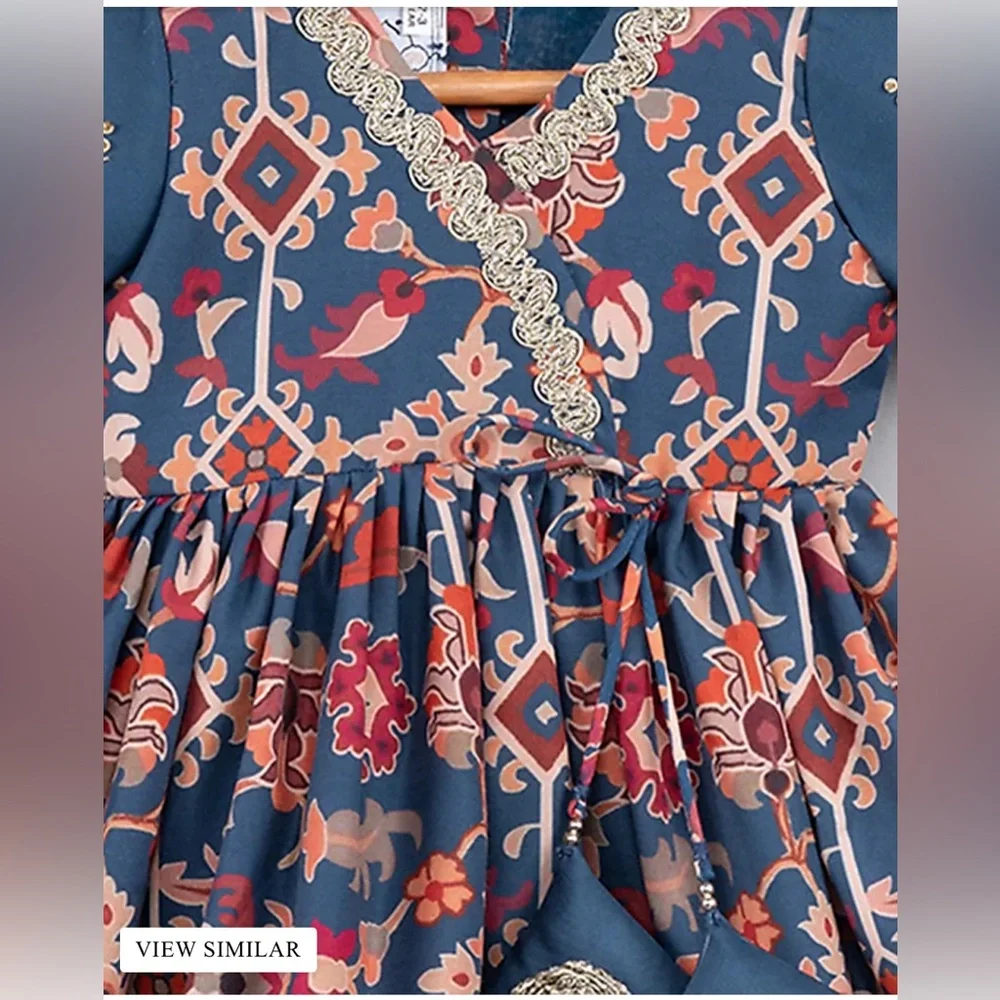 RARE Little Brats Sapphire Maheshwari Silk Ikat Embroidered Gown - Size 1-2 - Picture 3 of 9